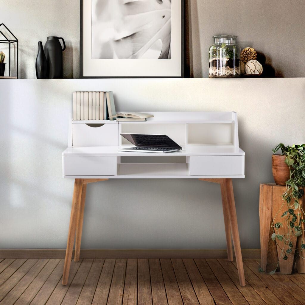 Versanora Creativo Wooden Writing Desk With Storage, White/natural Vnf With Natural And White 1 Drawer Writing Desks (Photo 5 of 15)
