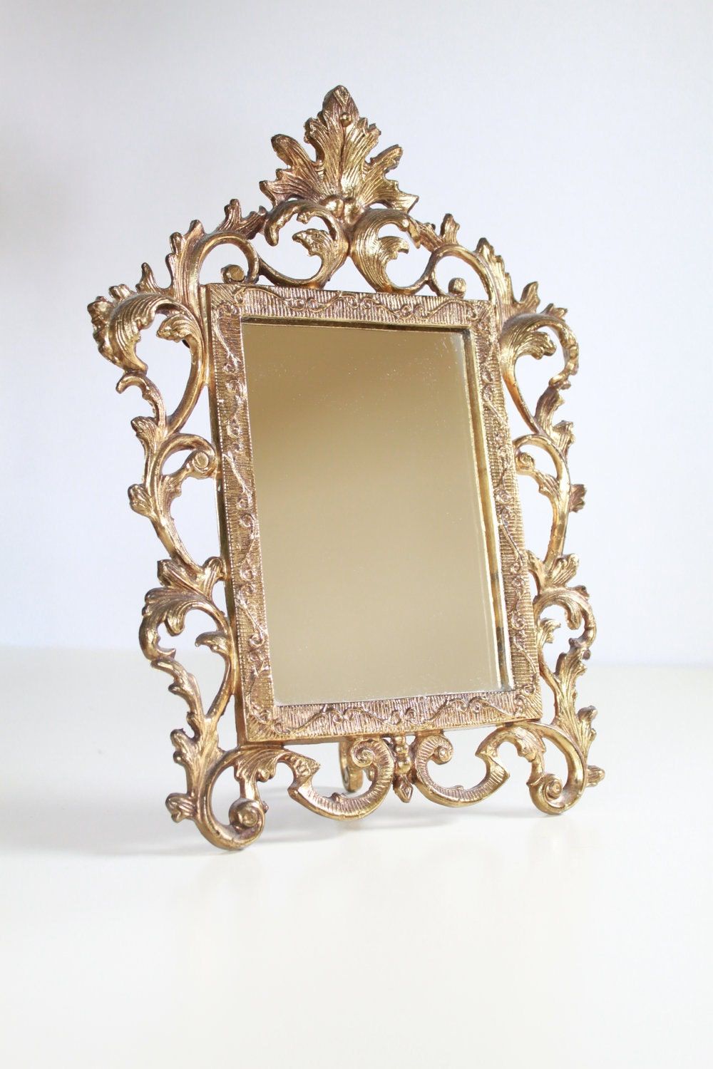 Vintage Golden Vanity Mirror Stand Hollywood Regency Wall Regarding Antique Iron Standing Mirrors (View 3 of 15)