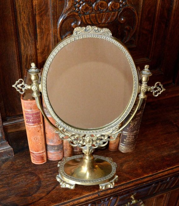 Vintage Large French Brass Vanity Mirror On Stand Pedestal Pertaining To Antique Brass Standing Mirrors (Photo 1 of 15)