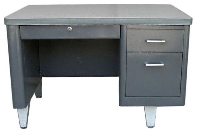 – Vintage Metal Single Pedestal Tanker Desk – $900 Est. Retail – $300 Throughout Large Frosted Glass Aluminum Desks (Photo 9 of 15)