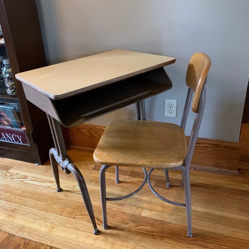 Vintage School Desk Metal School Desk Adult Size Desk | Etsy With Large Frosted Glass Aluminum Desks (View 6 of 15)