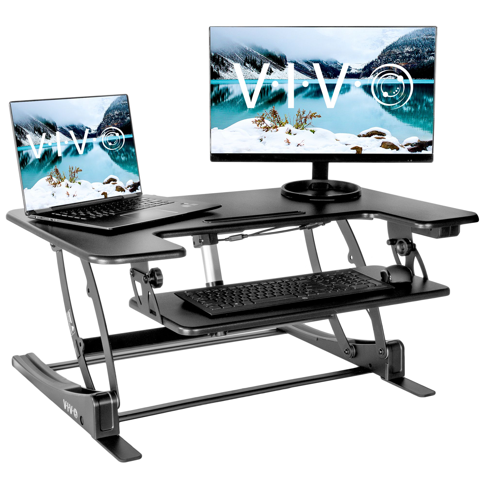 Vivo Black Electric Height Adjustable Stand Up Desk Converter | Sit To Pertaining To Espresso Adjustable Stand Up Desks (Photo 2 of 15)