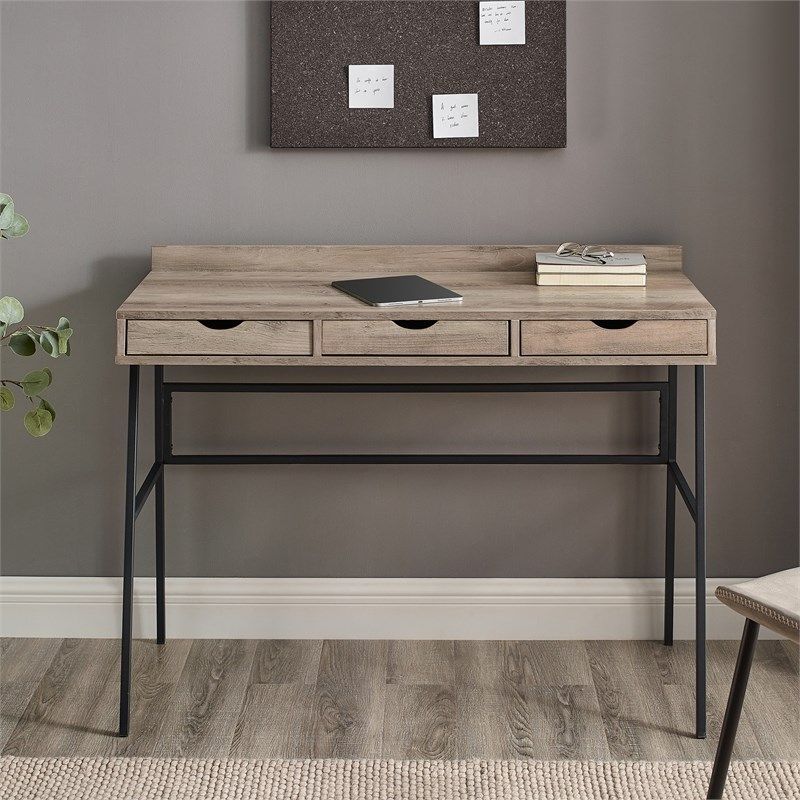 Walker Edison 42" Engineered Wood 3 Drawer Angled Front Desk In Gray For Gray Wash Wood Writing Desks (View 15 of 15)