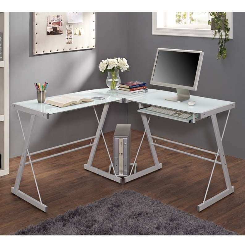 Walker Edison Soreno L Shaped Glass Computer Desk White With Frosted With Regard To White Glass And Natural Wood Office Desks (View 8 of 15)
