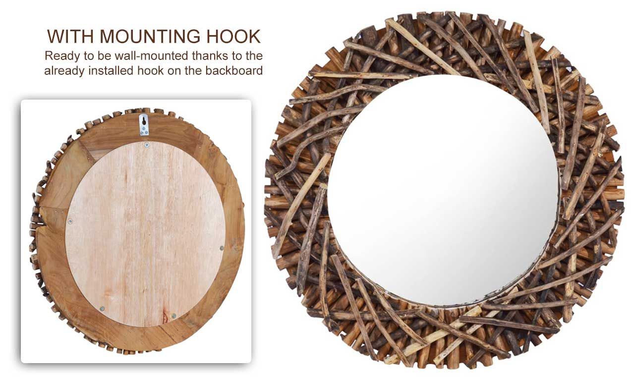 Wall Mirror 60 Cm Teak Round Bathroom Rustic Retro Woven Tree Branches With Cromartie Tree Branch Wall Mirrors (Photo 12 of 15)