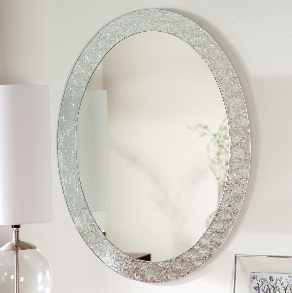 Wall Mirror Crystal Oval Frameless Elegant Bathroom Vanity Decor Within Oval Frameless Led Wall Mirrors (Photo 4 of 15)
