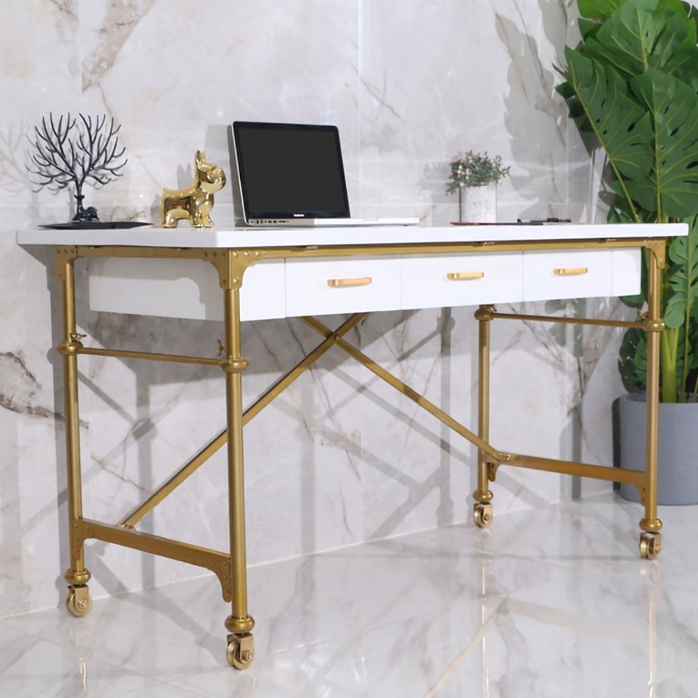White 39" Rectangular Writing Desk Modern Computer Desk With 3 Drawer Gold Inside White And Gold Writing Desks (View 12 of 15)