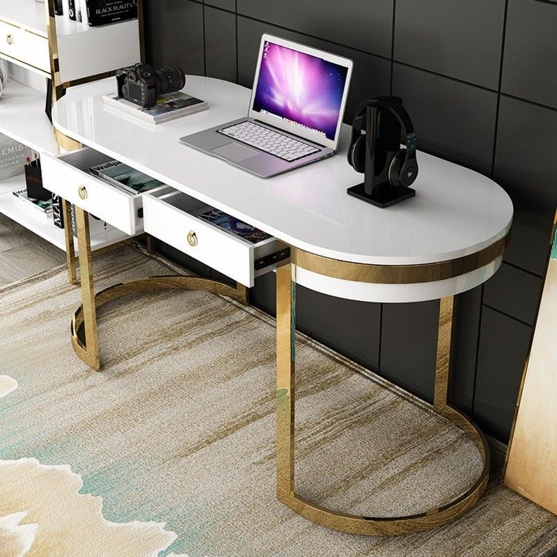 White/black Office Desk Modern 55" Gold Writing Desk With 2 Drawers With Regard To White And Gold Writing Desks (View 11 of 15)
