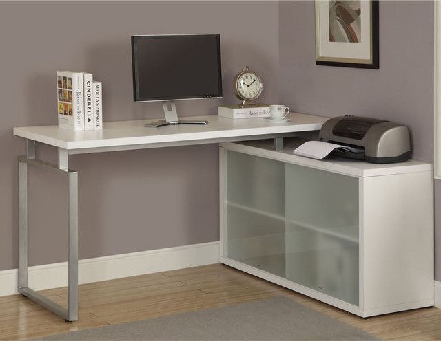 White L Shaped Desk With Frosted Glass – Contemporary – Desks And For Aluminum And Frosted Glass Desks (Photo 1 of 15)