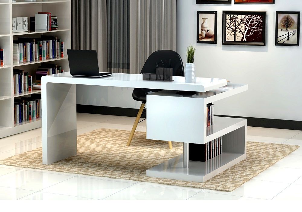 White Matte Finished Office Desk With S Shaped Bookcase Seattle Regarding Glossy White And Chrome Modern Desks (Photo 15 of 15)