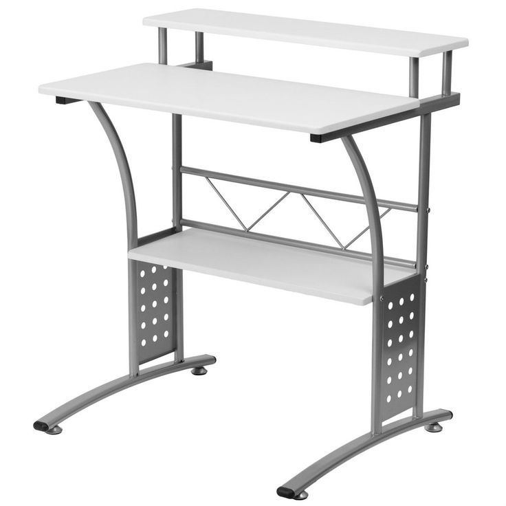 White Metal Frame Computer Desk Laminate Top/ Raised Shelf | White With Natural Wood And White Metal Office Desks (View 12 of 15)
