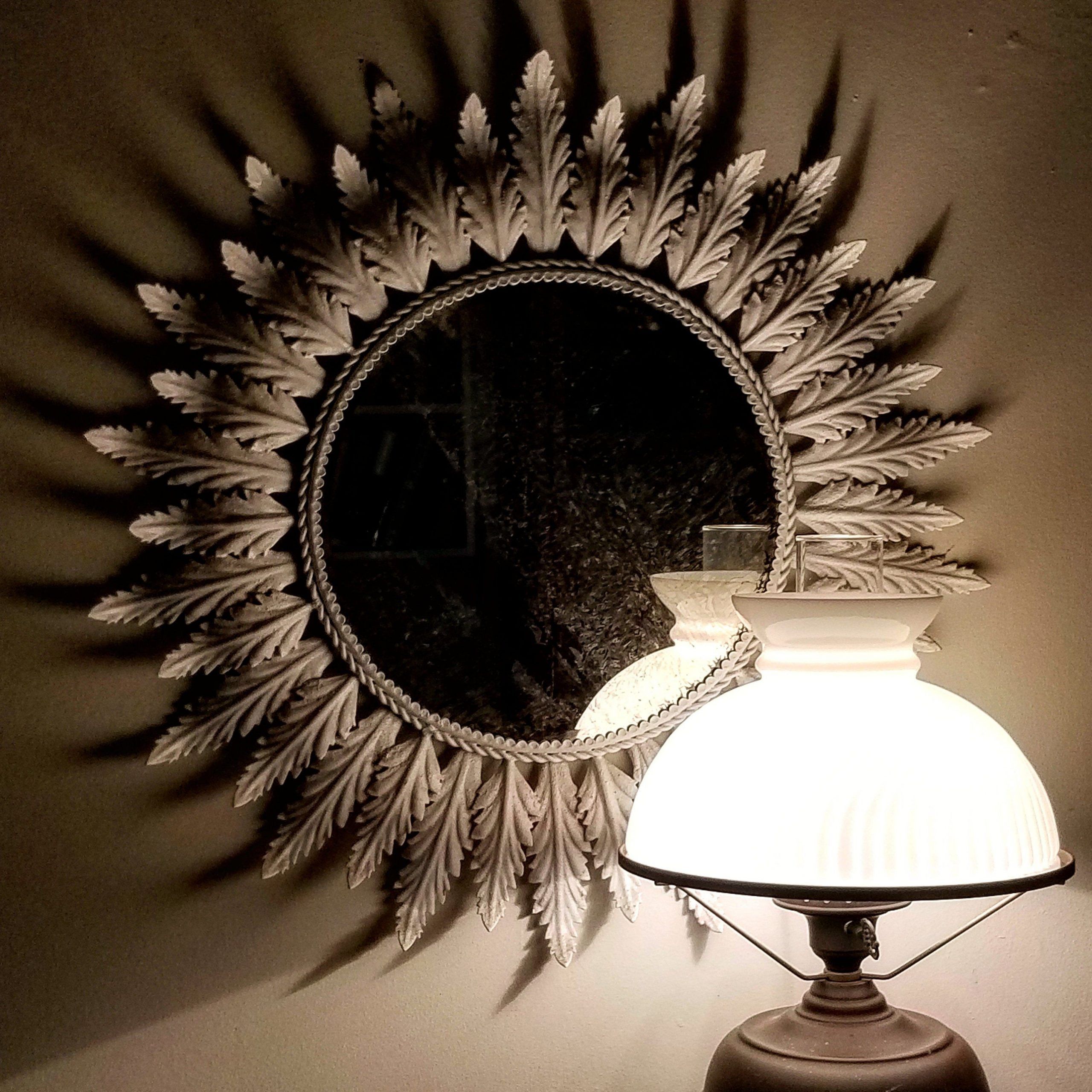 White Metal Mirror, Sunburst Mirror,leaf Mirrorchandeluse On Etsy Within Carstens Sunburst Leaves Wall Mirrors (View 11 of 15)