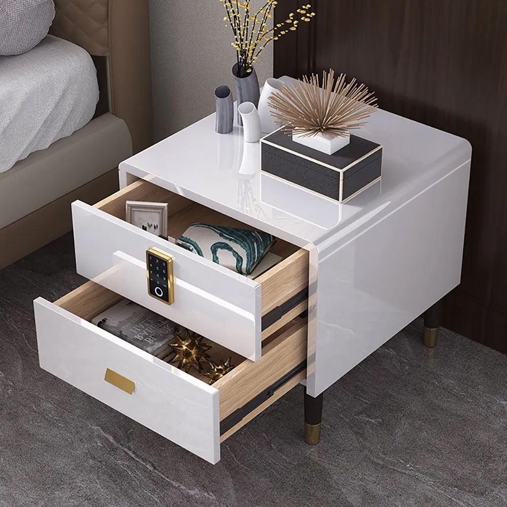 White Nightstand Luxury Intelligent Lock 2 Drawer Lacquered Bedside Table Throughout White Lacquer 2 Drawer Desks (View 2 of 15)