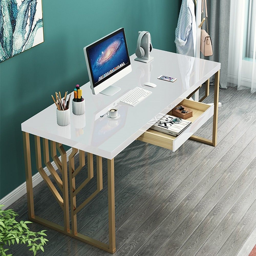White Rectangular Writing Desk Modern Computer Desk Pine&metal In 2021 With Regard To Gold Metal Rectangular Writing Desks (View 13 of 15)