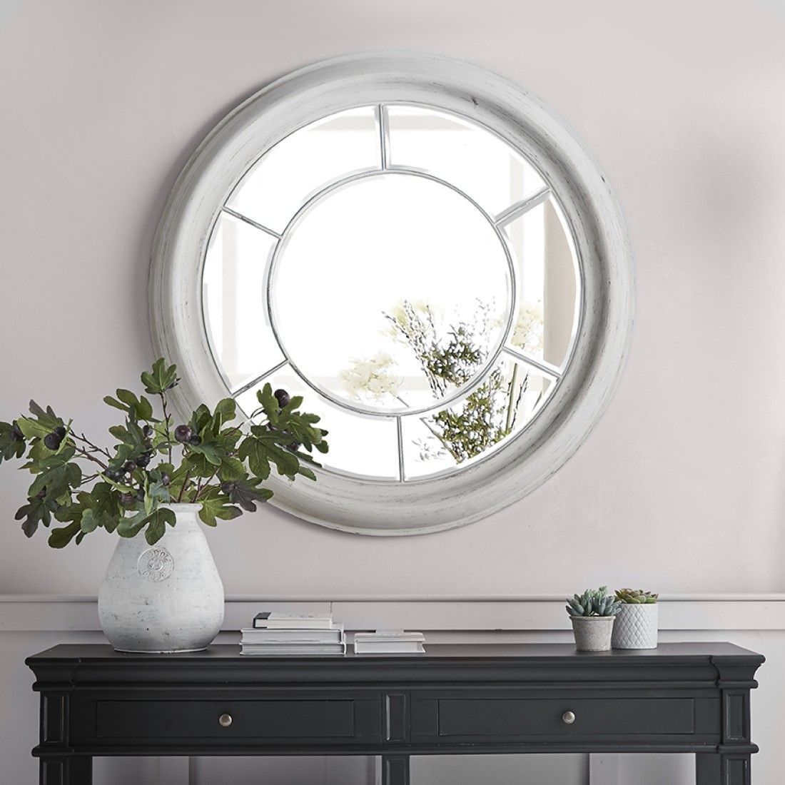 White Wash Round Paned Mirror | Lucy Willow Home With Stitch White Round Wall Mirrors (View 7 of 15)