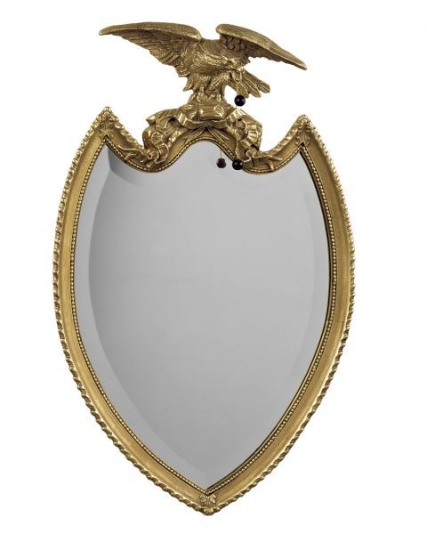 Wood And Composition Shield Design Beveled Mirror With Eagle, Two Balls Pertaining To Ring Shield Gold Leaf Wall Mirrors (View 10 of 15)