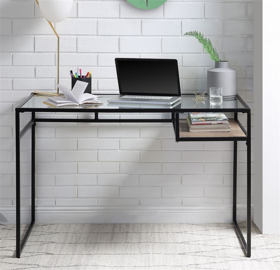 Yasin Executive Home Office Desk In Black & Glass Finishacme – 92580 Inside Black Glass And Natural Wood Office Desks (Photo 10 of 15)