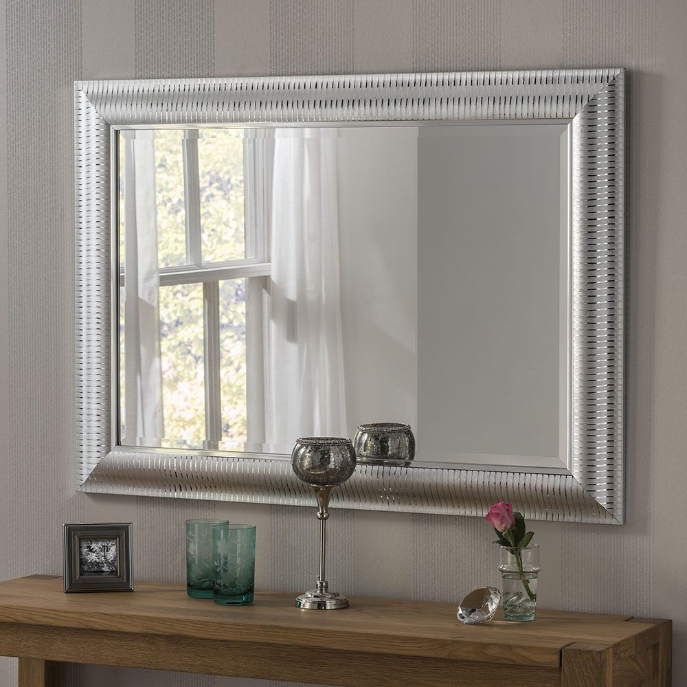 Yg226 Silver Modern Rectangle Wall Mirror With Pinstripe Design On The Throughout Dedrick Decorative Framed Modern And Contemporary Wall Mirrors (View 2 of 15)