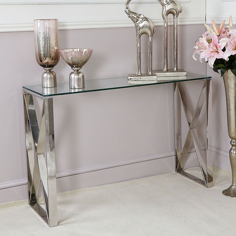 Zenn Contemporary Stainless Steel Clear Glass Console Hall Table Within Stainless Steel And Glass Modern Desks (View 12 of 15)