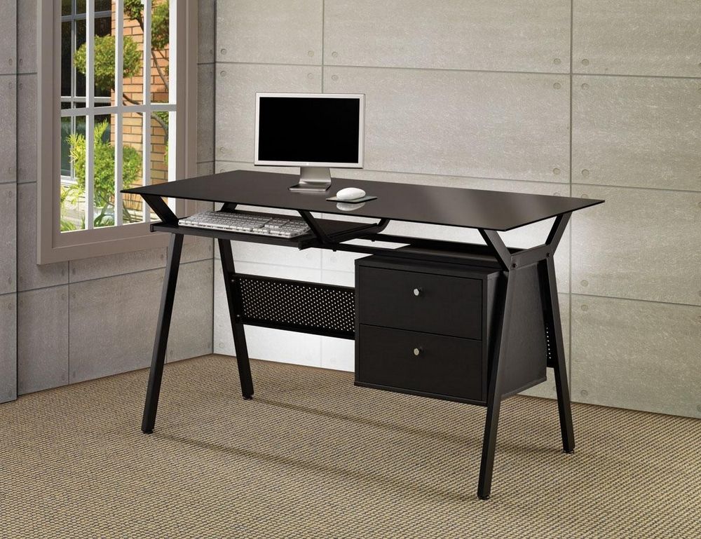 Zlatica Black Wood Computer Desk With Black Glass Topcoaster For Black Finish Modern Computer Desks (View 1 of 15)