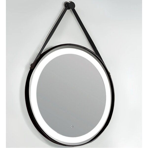 17 Stories Bold Remaley Leather Strap Round Mirror With Led In Matte With Matte Black Round Wall Mirrors (Photo 1 of 15)