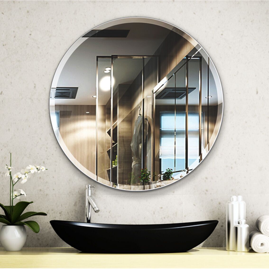 28 Inch Round Frameless Mirror Large Beveled Wall Mirror | Mirror Wall Regarding Crown Frameless Beveled Wall Mirrors (View 9 of 15)