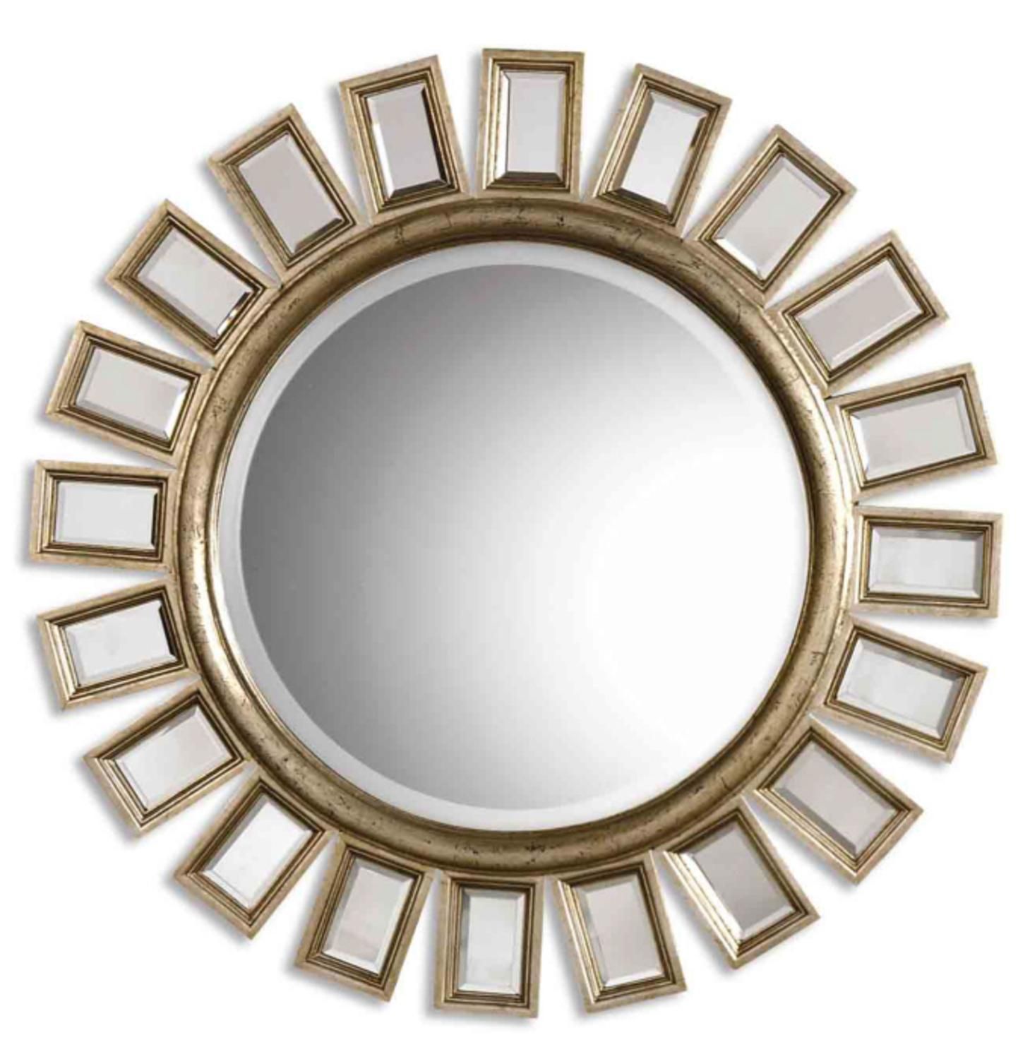 34" Distressed Silver Leaf Finish With Small Mirrors Framed Round Wall Throughout Scalloped Round Wall Mirrors (View 14 of 15)