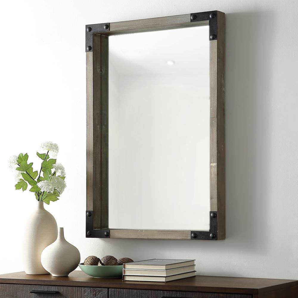 36" Rustic Industrial Farmhouse Rectangle Wood Metal Wall Mirror For Rustic Industrial Black Frame Wall Mirrors (Photo 2 of 15)