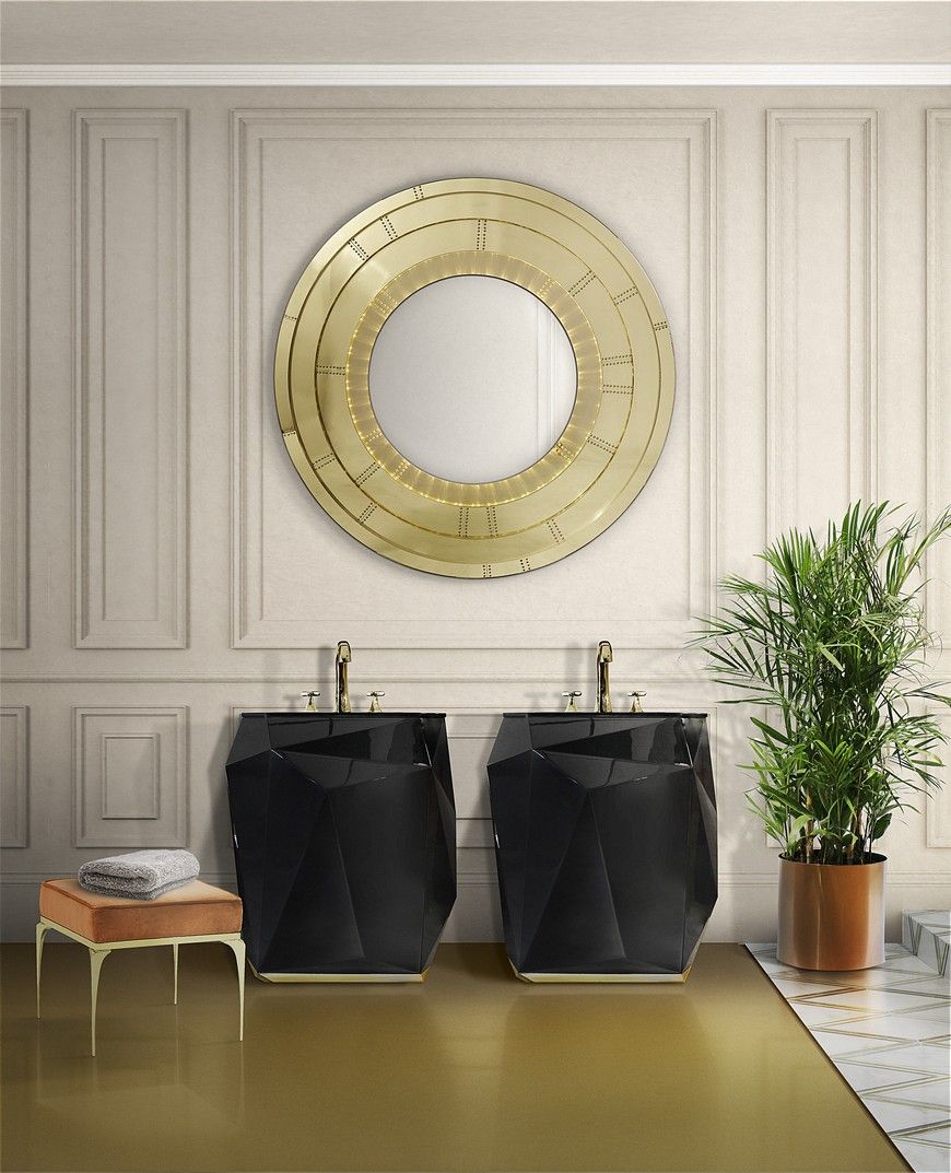 5 Gold Accented Wall Mirrors To Enhance Your Luxury Bathroom Decor Throughout Round Staggered Nail Head Mirrors (View 5 of 15)