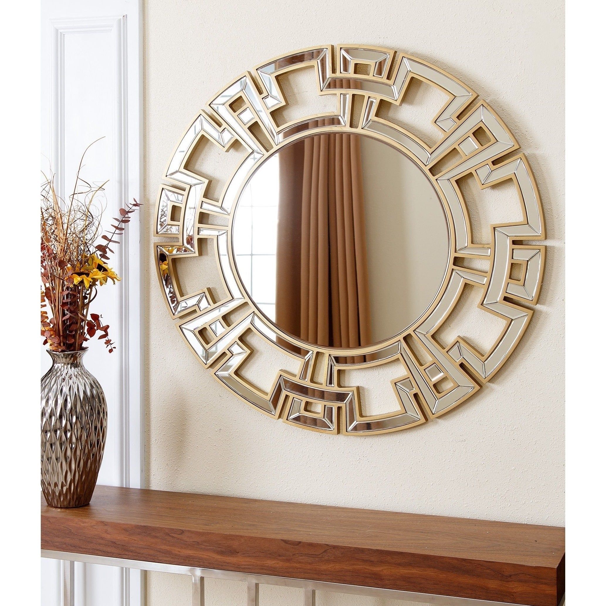 Abbyson Wall Mirror Accent Gold Wood Round Crafted Entryway Mounted Regarding Organic Natural Wood Round Wall Mirrors (View 15 of 15)