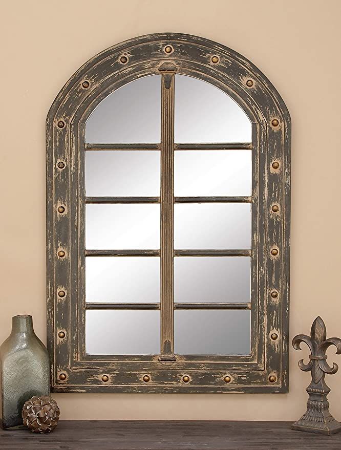 Amazon: Deco 79 Rustic Wooden Arched Window Framed Wall Mirror, 48 Regarding Distressed Dark Bronze Wall Mirrors (View 12 of 15)