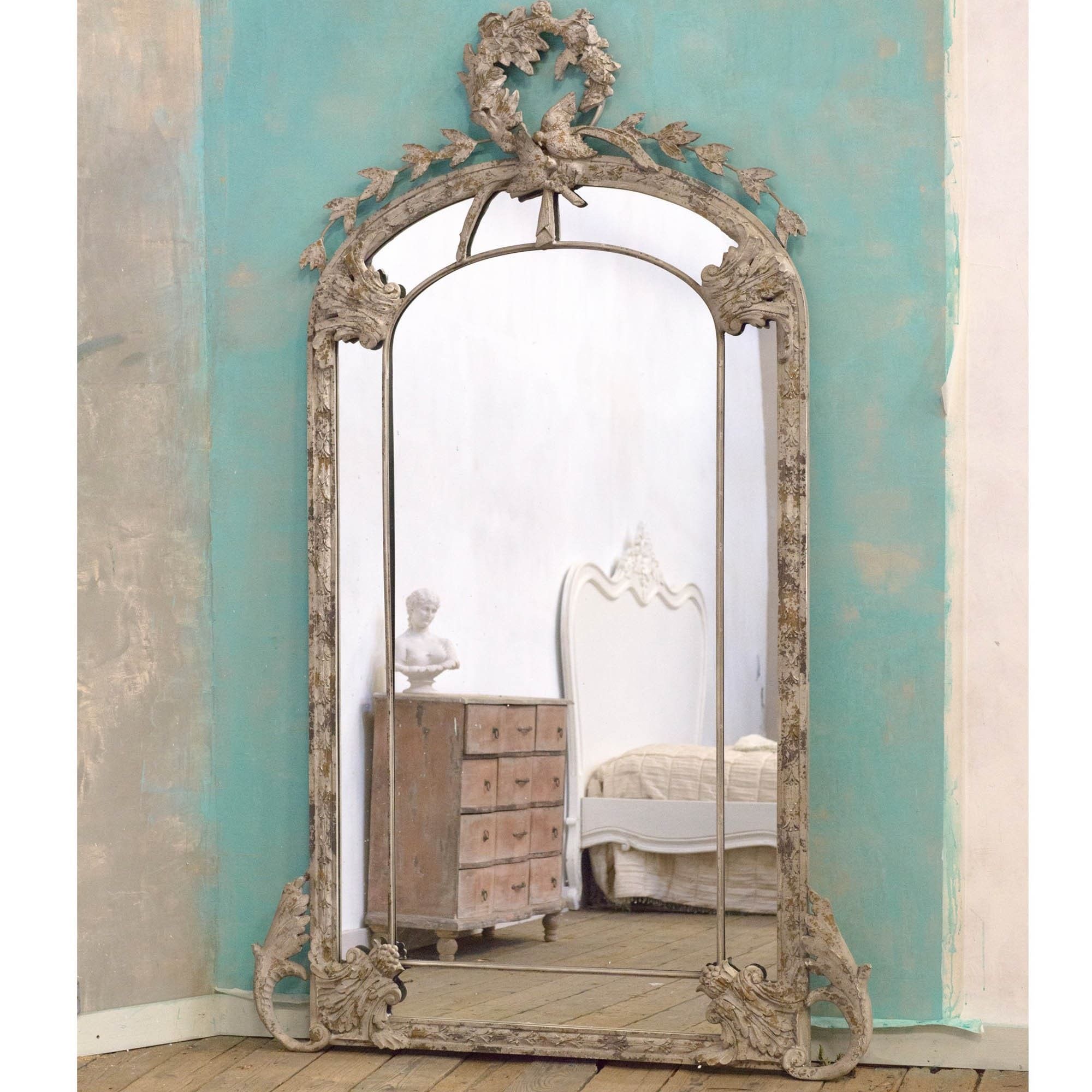 Antique Grey Chateau Floor Standing Mirror | Grey Floor Standing Mirror Intended For Antiqued Bronze Floor Mirrors (View 11 of 15)