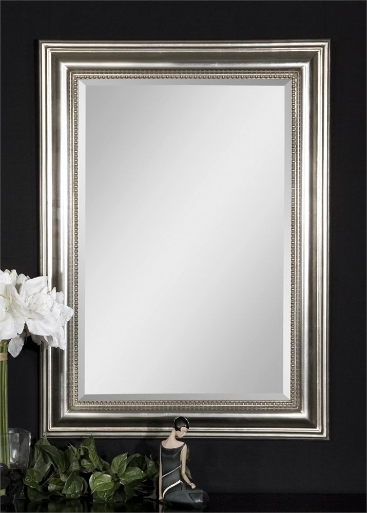 Beaded Silver Leaf Rectangular Beveled Wall Mirror Large 37" Bathroom Intended For Rectangular Chevron Edge Wall Mirrors (View 14 of 15)