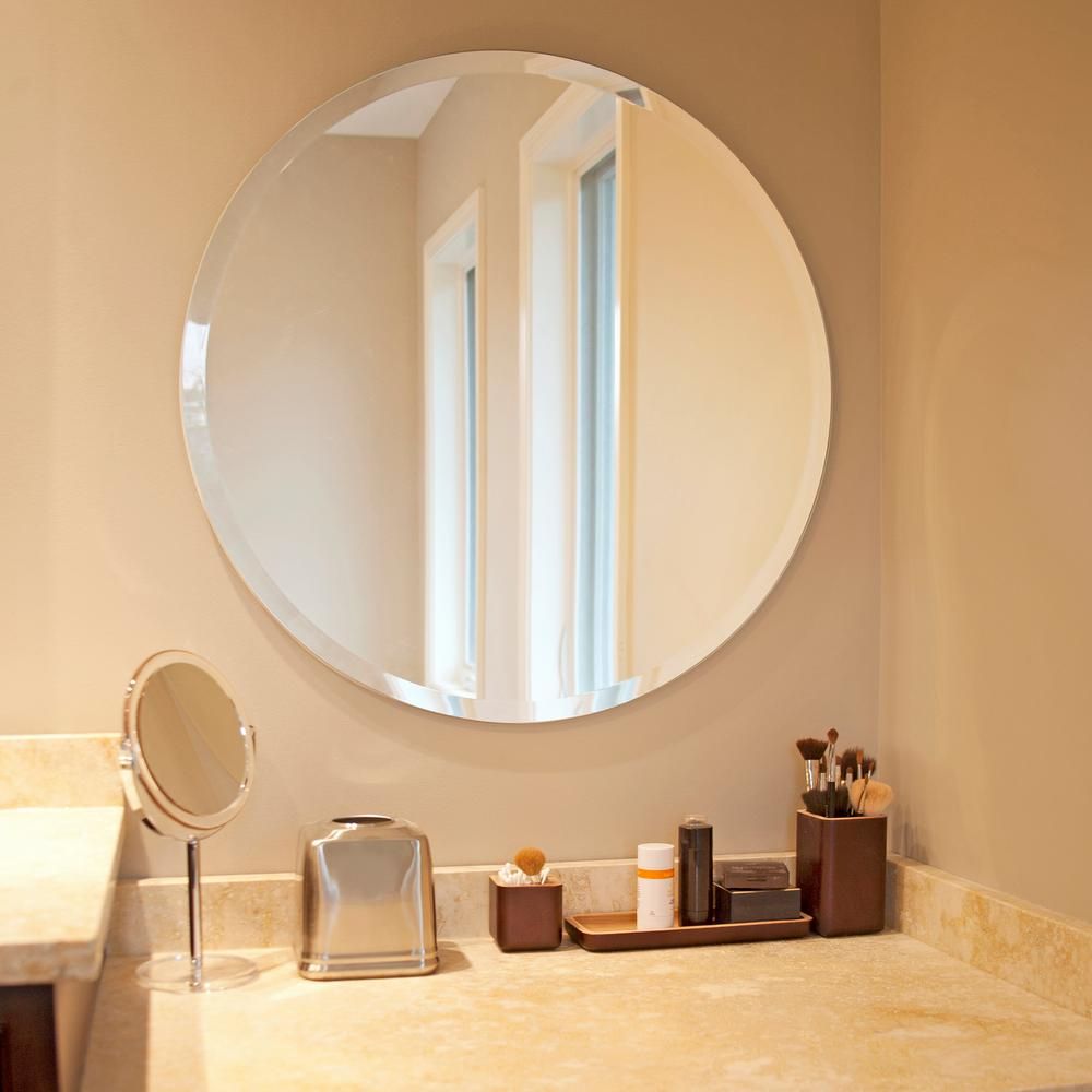 Beautiful Round Frameless Mirror 28inx28in Bevel Accenting Edge For Frameless Round Beveled Wall Mirrors (Photo 3 of 15)