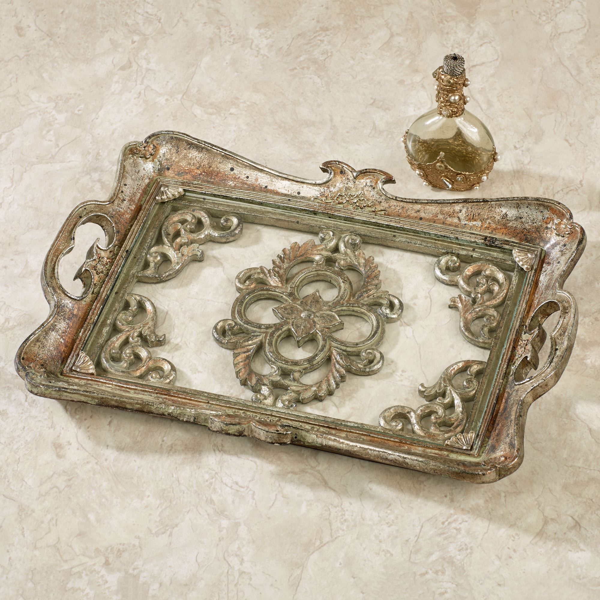 Bethney Glass Vanity Tray With Aged Silver Vanity Mirrors (View 15 of 15)