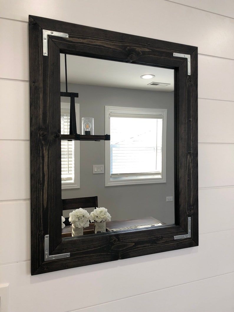 Black Mirror Wood Framed Mirror Rustic Wood Mirror Bathroom | Etsy Inside Rustic Industrial Black Frame Wall Mirrors (Photo 5 of 15)