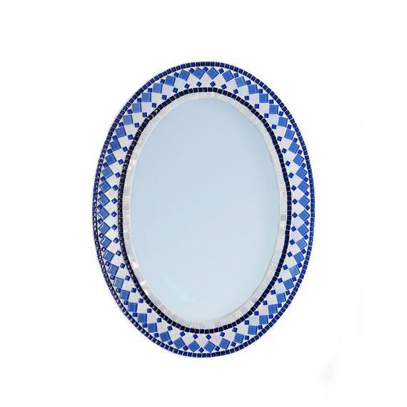Blue And White Oval Mosaic Wall Mirror / Geometric Mirror / Large Intended For Mosaic Oval Wall Mirrors (View 13 of 15)
