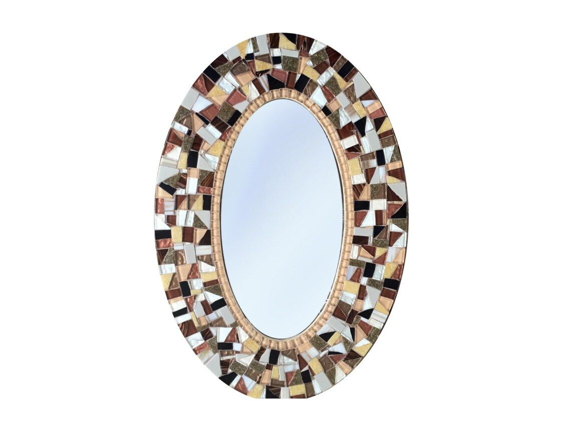 Brown Oval Wall Mirror // Mosaic Mirror // Wall Decor | Etsy Regarding Mosaic Oval Wall Mirrors (View 9 of 15)