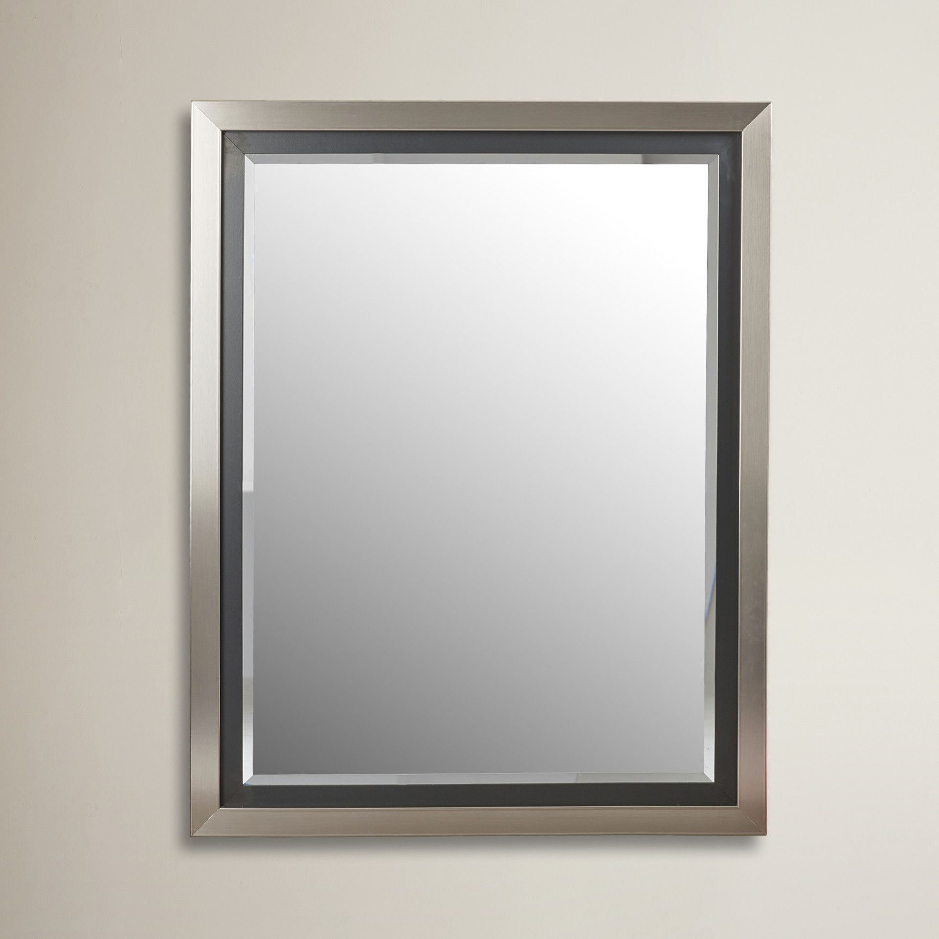 Brushed Nickel Silver And Satin Black Wide Flat Wall Mirror | Mirror Pertaining To Matte Black Octagonal Wall Mirrors (Photo 10 of 15)