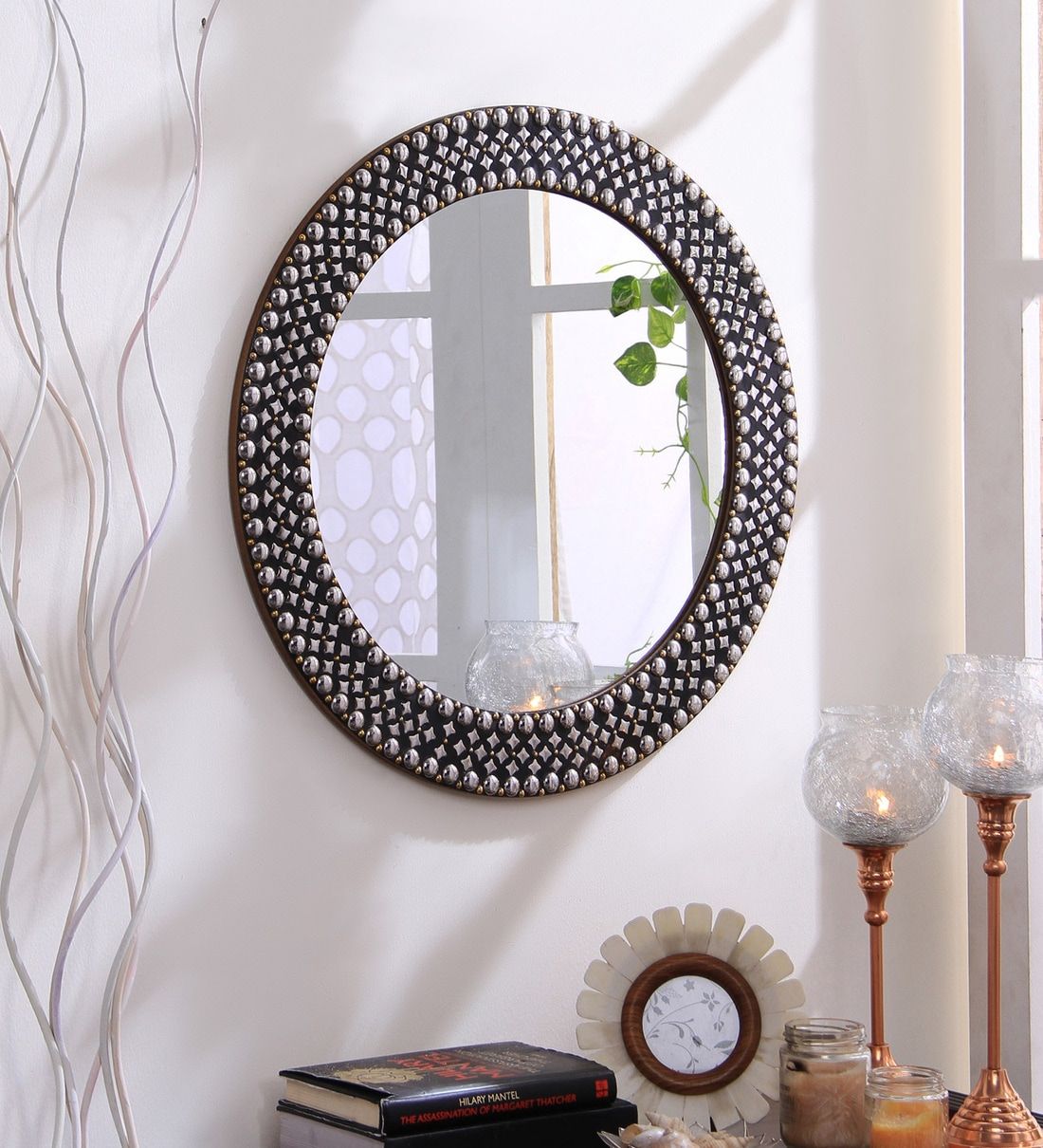 Buy Solid Wood Round Wall Mirror In Silver Colourhosley Online For Silver Rounded Cut Edge Wall Mirrors (View 5 of 15)