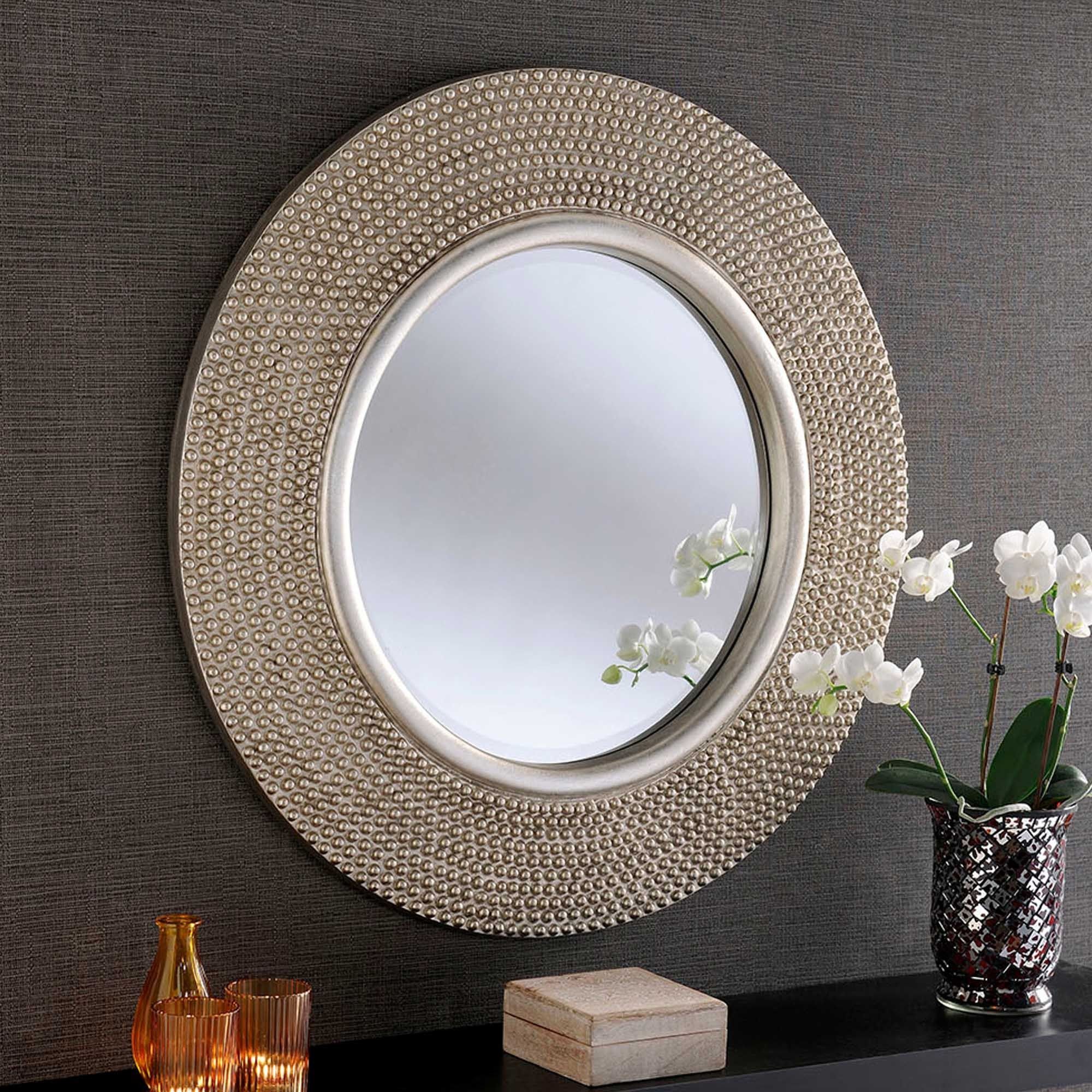 Circular Contemporary Silver Studded Wall Mirror | Wall Mirrors For Free Floating Printed Glass Round Wall Mirrors (View 11 of 15)