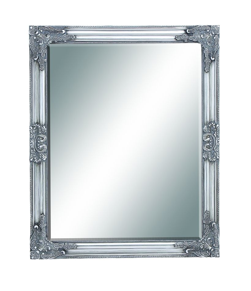Contemporary Beveled Wood Wall Mirror Silver Chrome Carved Accents Dcor With Silver Beveled Wall Mirrors (View 7 of 15)