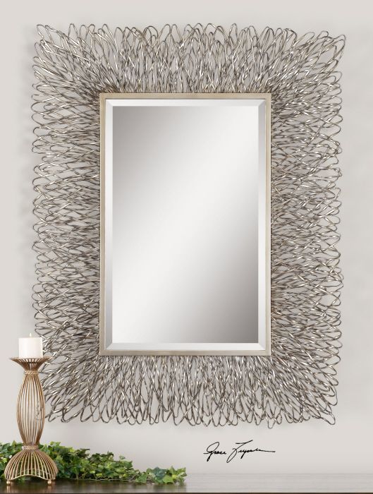 Contemporary Silver Wire Metal Wall Mirror Large 56" Modern Decor Inside Silver High Wall Mirrors (Photo 1 of 15)