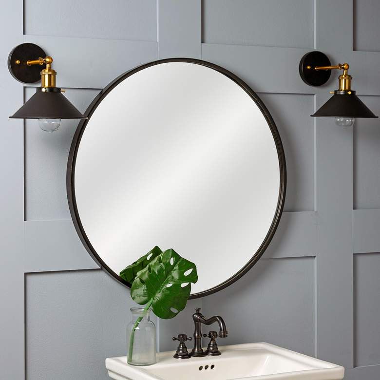 Cooper Classics Luna Black Matte 30" Round Wall Mirror – #60g72 | Lamps Throughout Framed Matte Black Square Wall Mirrors (Photo 4 of 15)