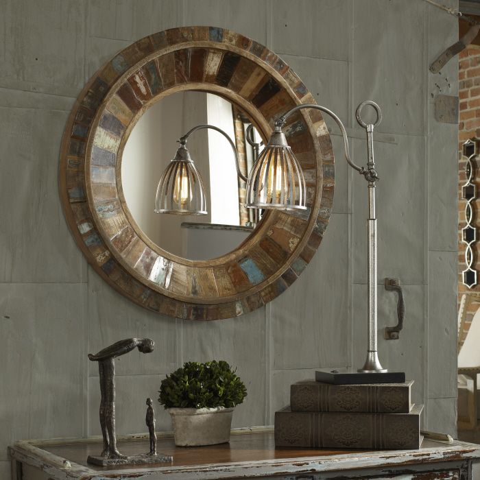 Country Farmhouse Round Reclaimed Wood Wall Mirror Large 32 Regarding Wood Rounded Side Rectangular Wall Mirrors (View 14 of 15)