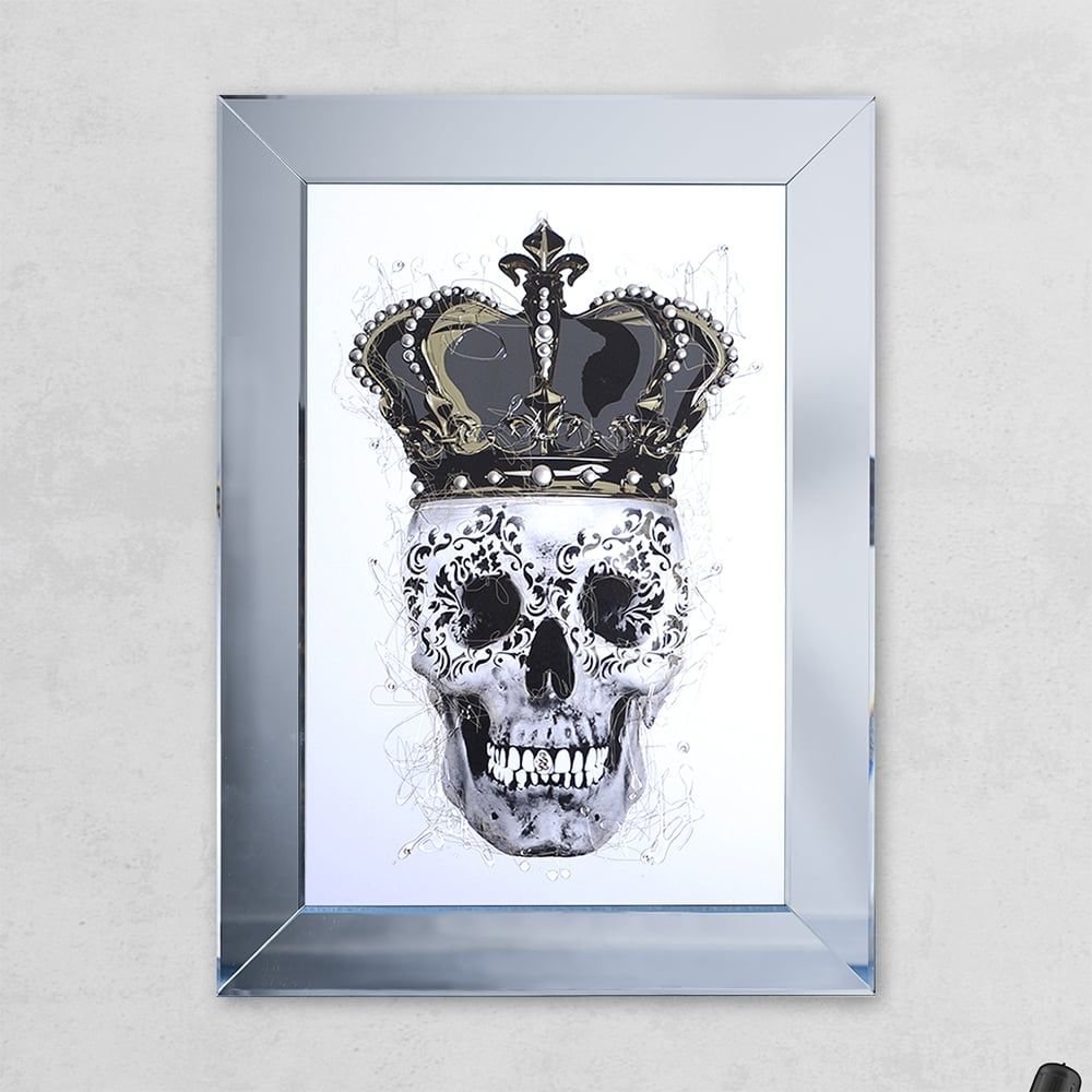 Crown White Skull Print Mirror With Liquid Glass And Swarovski Crystals Intended For Printed Art Glass Wall Mirrors (View 7 of 15)