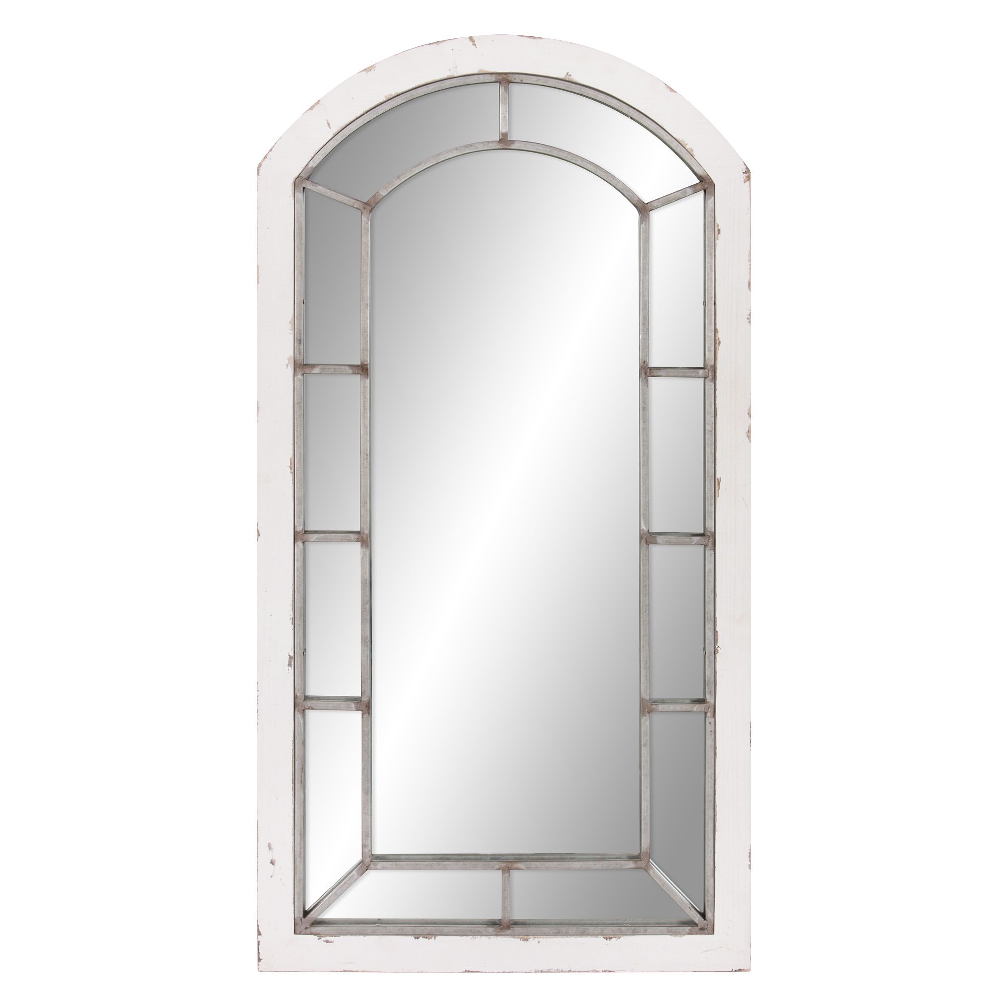 Distressed White And Antique Silver Arch Windowpane Wall Mirror 24"x44 In Antiqued Silver Quatrefoil Wall Mirrors (View 14 of 15)