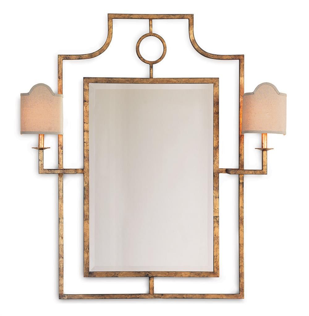Doheny Hollywood Regency Bamboo Gold Leaf Wall Mirror With Sconces With Regard To Gold Leaf And Black Wall Mirrors (View 13 of 15)