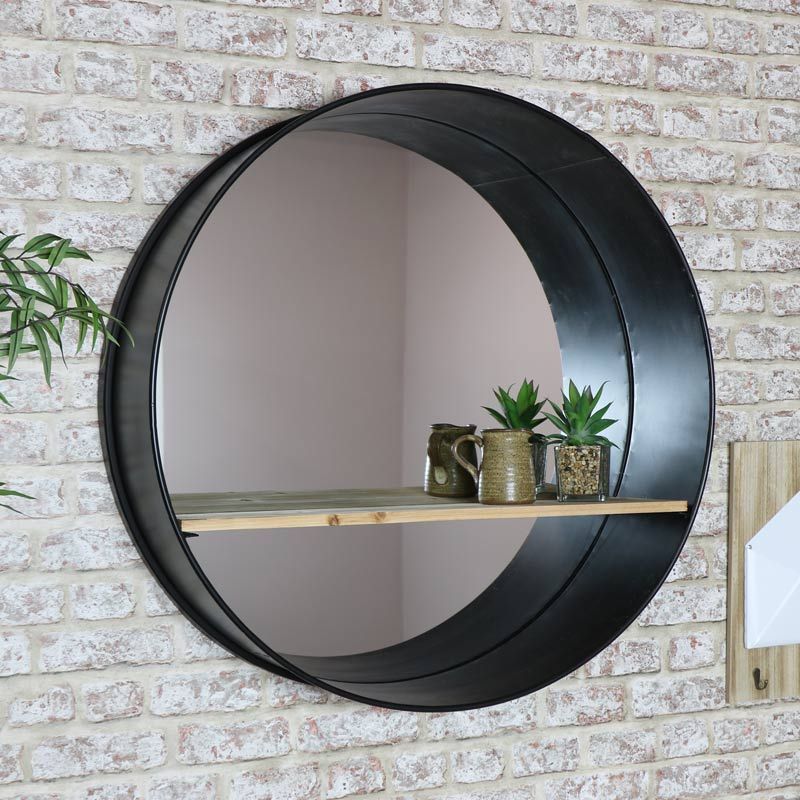 Extra Large Round Black Metal Industrial Wall Mirror Wood Shelving Inside Black Metal Wall Mirrors (View 6 of 15)