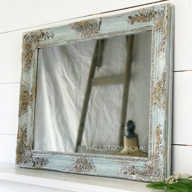French Shabby Chic Wall Mirror/ Blue Wood Framed Bathroom | Etsy With Subtle Blues Art Glass Wall Mirrors (View 13 of 15)
